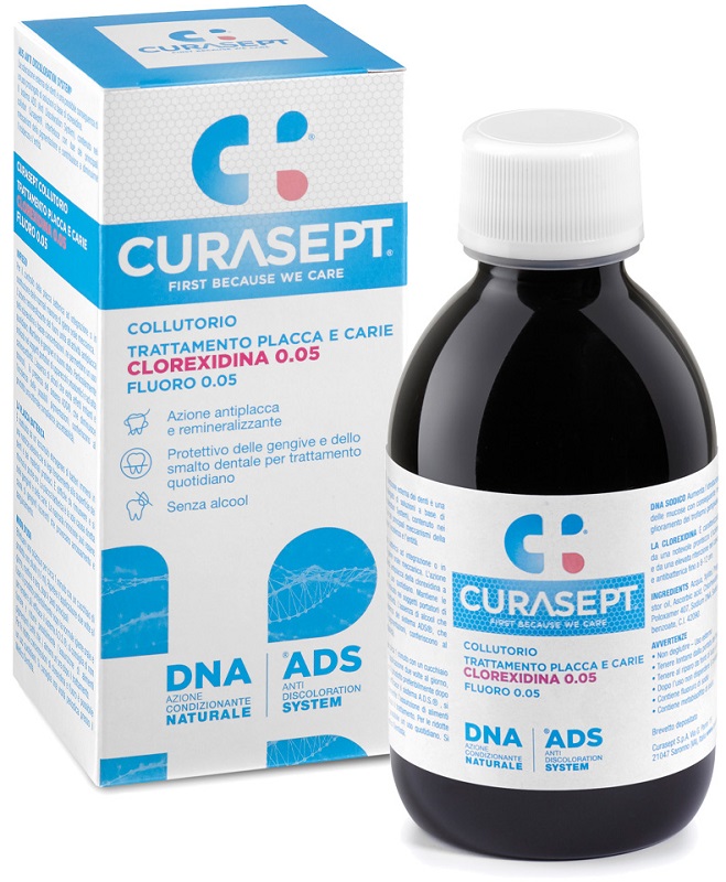 Curasept Collutorio ADS DNA - Clorexidina 0,05% e Fluoro 0,05% - 200 ml Trattamento Carie e Placca